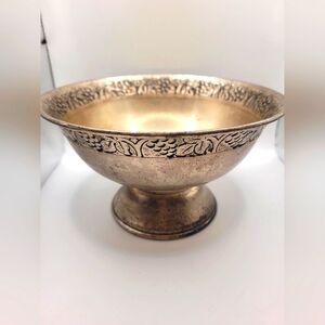 Pottery Barn Distressed Pedestal Bowl Grape & Leaves Motif Pewter Like Finish